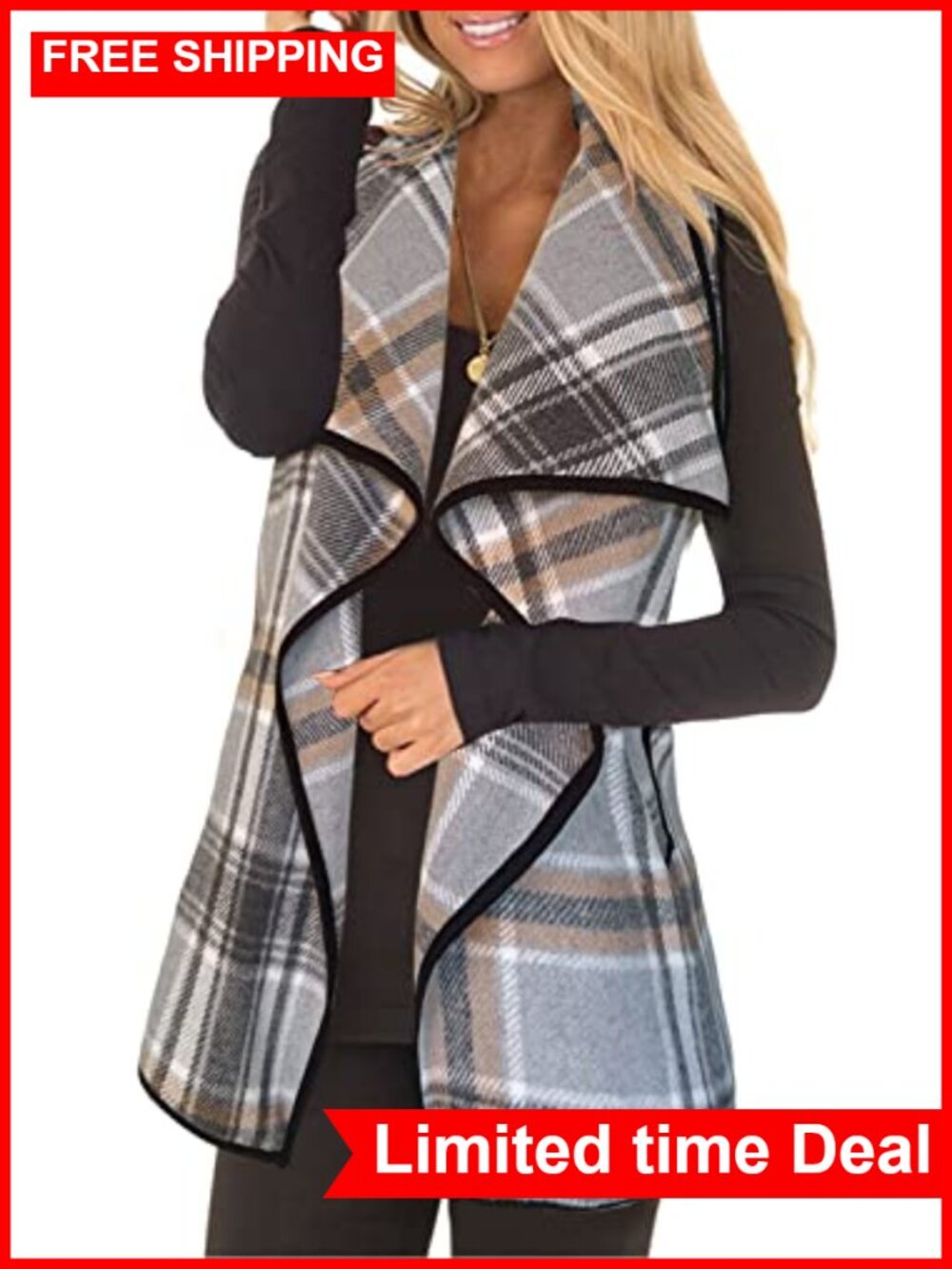 Women Plaid Vest Lapel Open Front Sleeveless Cardigan